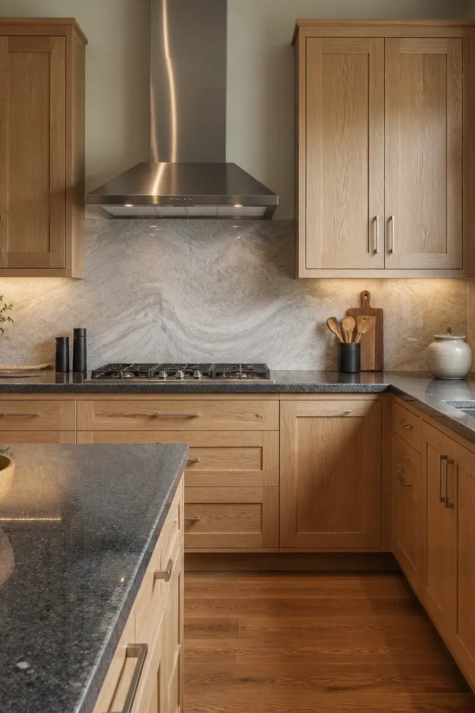 White oak cabinets with a satin finish. Dark granite counters show gray and brown speckling. Backsplash is a light gray tile with thin white veining. Cabinet pulls are brushed steel, and a stainless range hood sits above the cooktop.