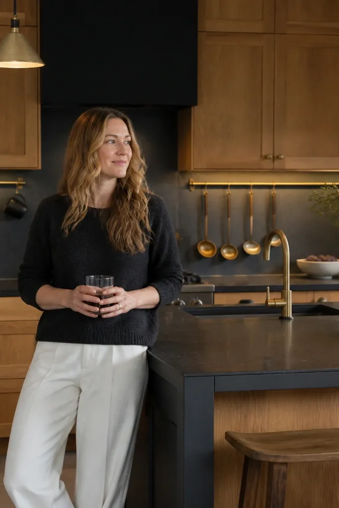 White oak cabinets with warm grain and satin finish. Dark counters in charcoal with subtle movement. A brass rail runs horizontally above the counter with hanging mugs. Backsplash is a creamy tile, and cabinet pulls are brushed brass.