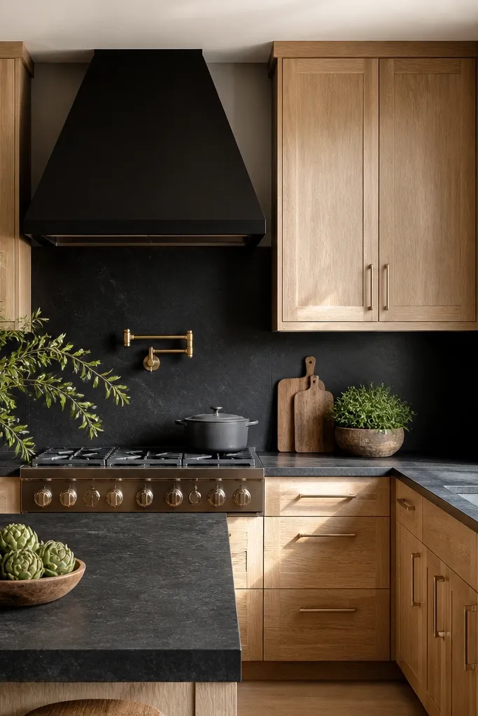 White oak cabinets with matte finish and simple slab drawer fronts. Dark counters in deep espresso. A matte black chimney range hood dominates the wall above the cooktop. Backsplash is large white tile sheets with thin grout lines. Black bar pulls on drawers and doors.