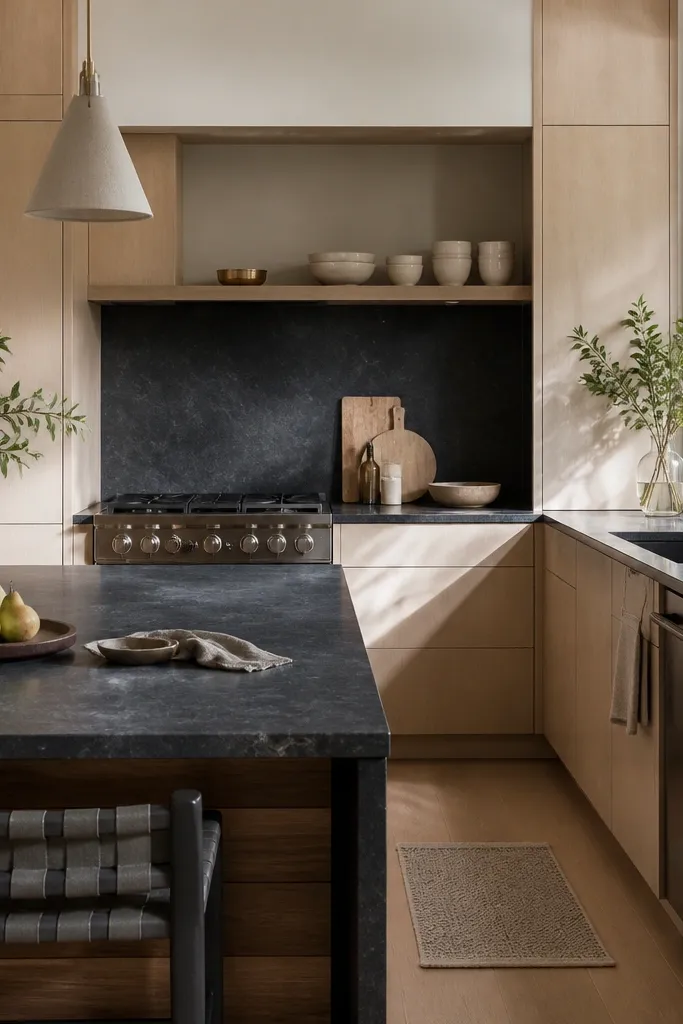 White oak cabinets with dark counters. One section has open floating shelves in lighter pale oak, with a few ceramic bowls and a wooden cutting board on display. Hardware is brushed steel. Backsplash is off-white tile with subtle texture.