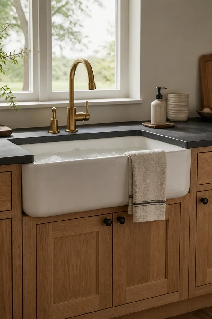 White oak cabinets with satin finish. Dark counters in charcoal. A warm white farmhouse sink with apron front under a dark faucet. Cabinet hardware is matte black, and the backsplash is white tile with thin warm grout lines.
