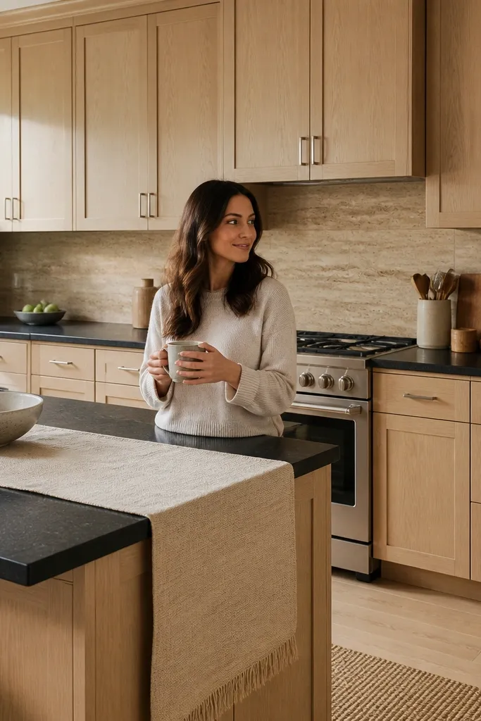 White oak cabinets in satin finish with clean shaker lines. Dark counters are deep espresso. Backsplash is a light stone-look tile or slab with warm beige veining. Hardware is brushed nickel, and a stainless microwave trim is visible.