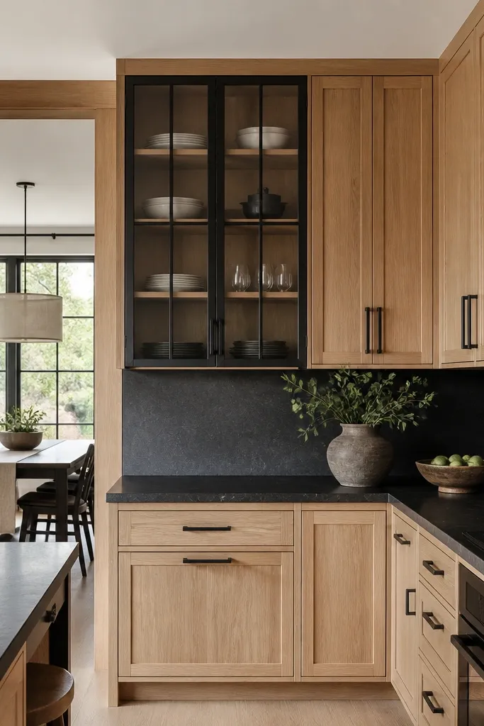 White oak cabinets with satin finish. One tall cabinet has black-framed glass doors. Dark counters in charcoal sit below. Inside the glass are white plates and a couple of clear glass jars. Backsplash is light cream tile and the rest of the cabinet hardware is matte black.