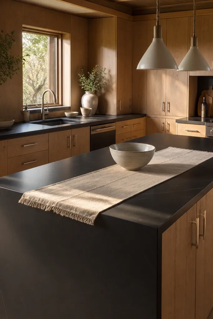 Kitchen where perimeter cabinets are white oak and the island is also white oak. Dark counters run over both areas with a consistent edge profile. Hardware is brushed steel. A waterfall edge on the island shows the dark counter material wrapping down. Two black bar stools sit at the island.