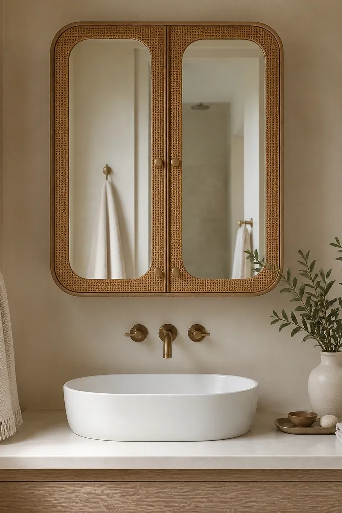 A small full bathroom sink with a rounded rectangular mirror cabinet. The cabinet doors have a rattan-look frame around mirrored panels. Cream walls, a white vessel-style sink, and a brass faucet. On the counter: one small tray and a folded linen hand towel.