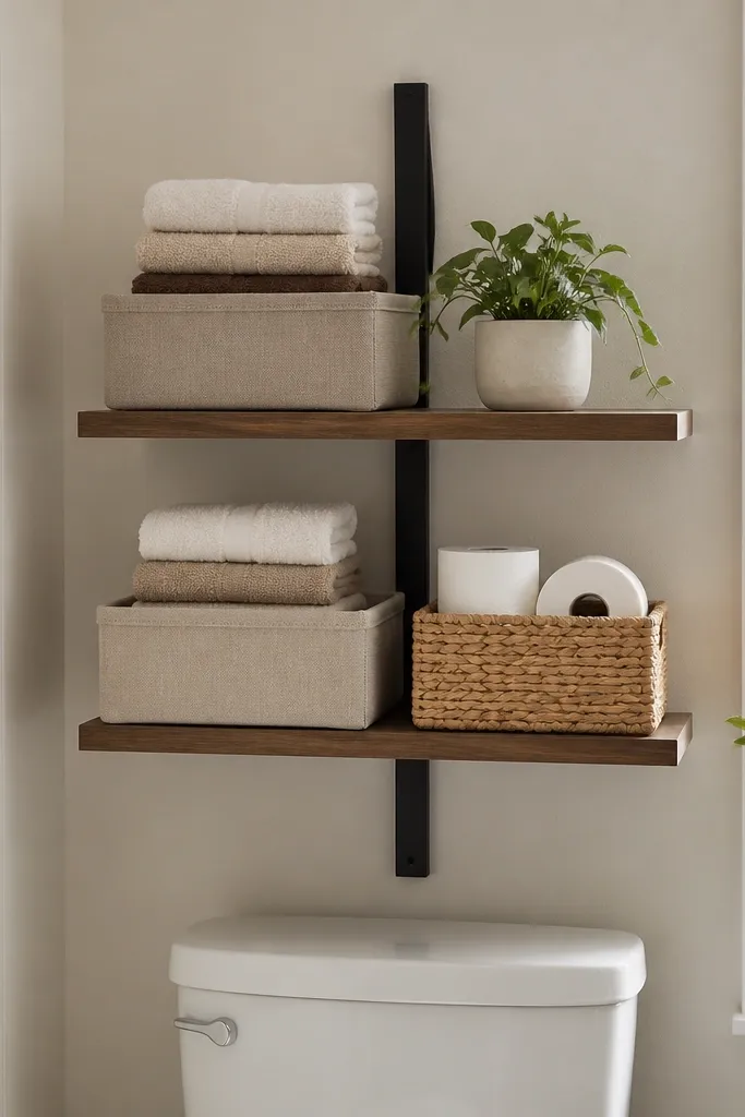 A narrow wall shelf system above a toilet. Two horizontal shelves are mounted with a slim black metal rail. On the shelves are stacked folded towels in beige linen bins and one small woven basket with toilet paper rolls.
