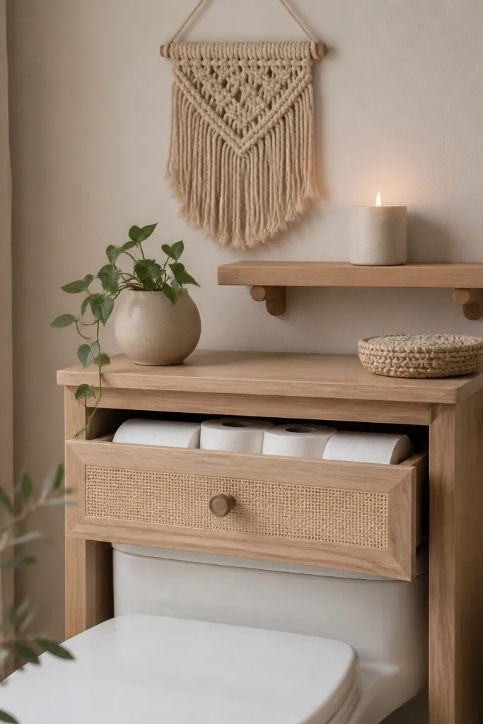 A boho-style toilet tank cover in light wood with a small front drawer. The drawer holds neatly stacked toilet paper rolls. Above it, a small macrame wall hanging and a narrow shelf with a candle.