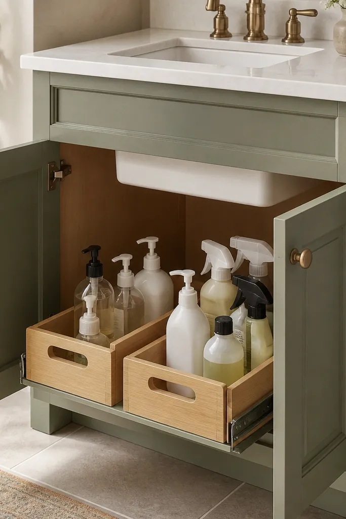 The space under a small vanity sink shows a pull-out organizer basket mounted on side rails. Bottles and spray cleaners are grouped in two compartments. The cabinet doors are painted sage green.
