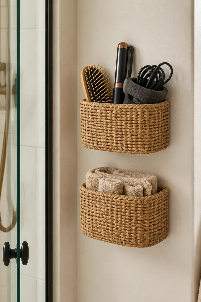 Two woven wall baskets mounted vertically on the side wall near the shower. One basket holds hair tools with cords wrapped in a small cloth sleeve. The second basket holds extra washcloths.