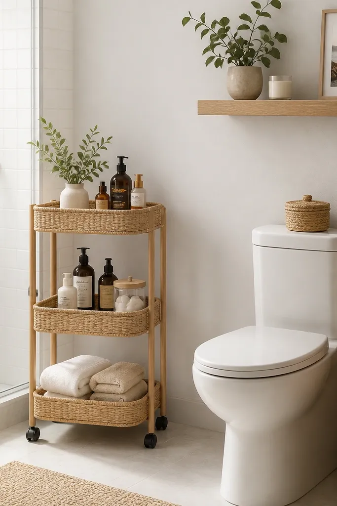 A floating shelf above the toilet holds a few neatly arranged items. In the corner by the shower, a small rolling cart with three tiers holds bottles and spare towels. The cart is light wood with woven baskets on the shelves.