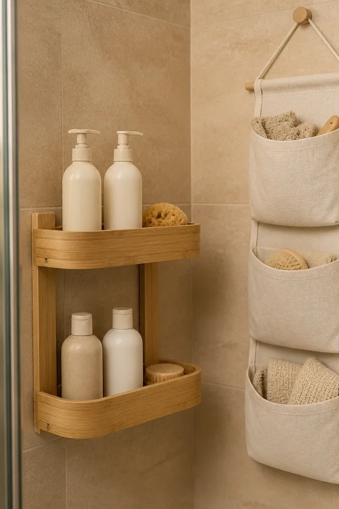 Inside a small shower, a two-tier bamboo shower caddy holds shampoo and conditioner. Behind it, a vertical organizer with three fabric pockets hangs on the wall. Colors are tan, cream, and light wood.