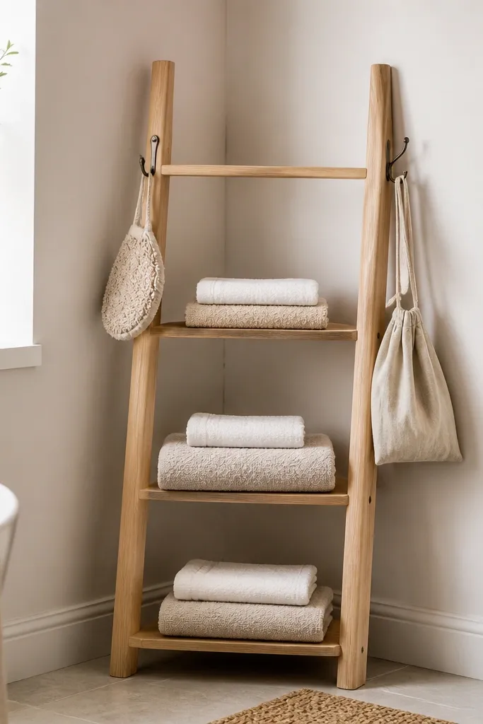 A small corner ladder shelf made from light wood leans against the wall. Three rungs hold folded towels in neutral colors. The sides have metal hooks holding a hanging wash mitt and a small bag.