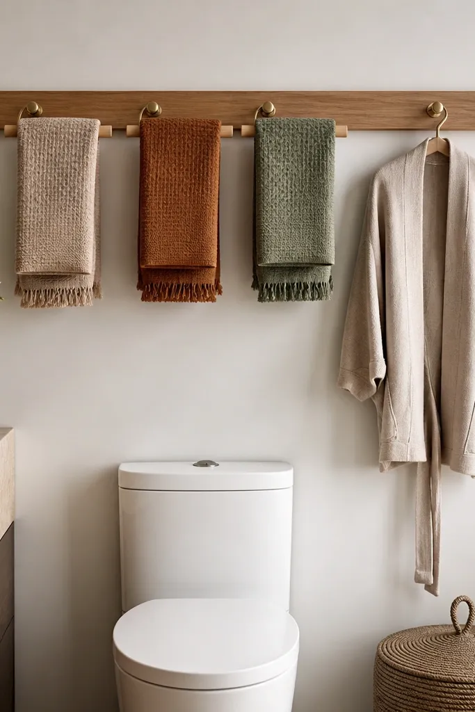 A horizontal peg rail mounted on the wall above the toilet. Several brass pegs hold folded towels wrapped around a small wooden dowel. One peg holds a short robe or cardigan.