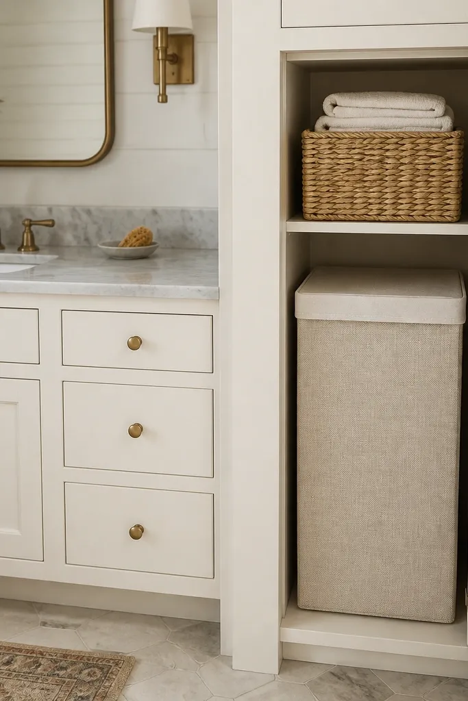 A slim cabinet nook beside the vanity holds a fabric hamper with a fitted lid. A woven basket sits on top for extra linens. The cabinet doors are painted off-white with simple knobs.