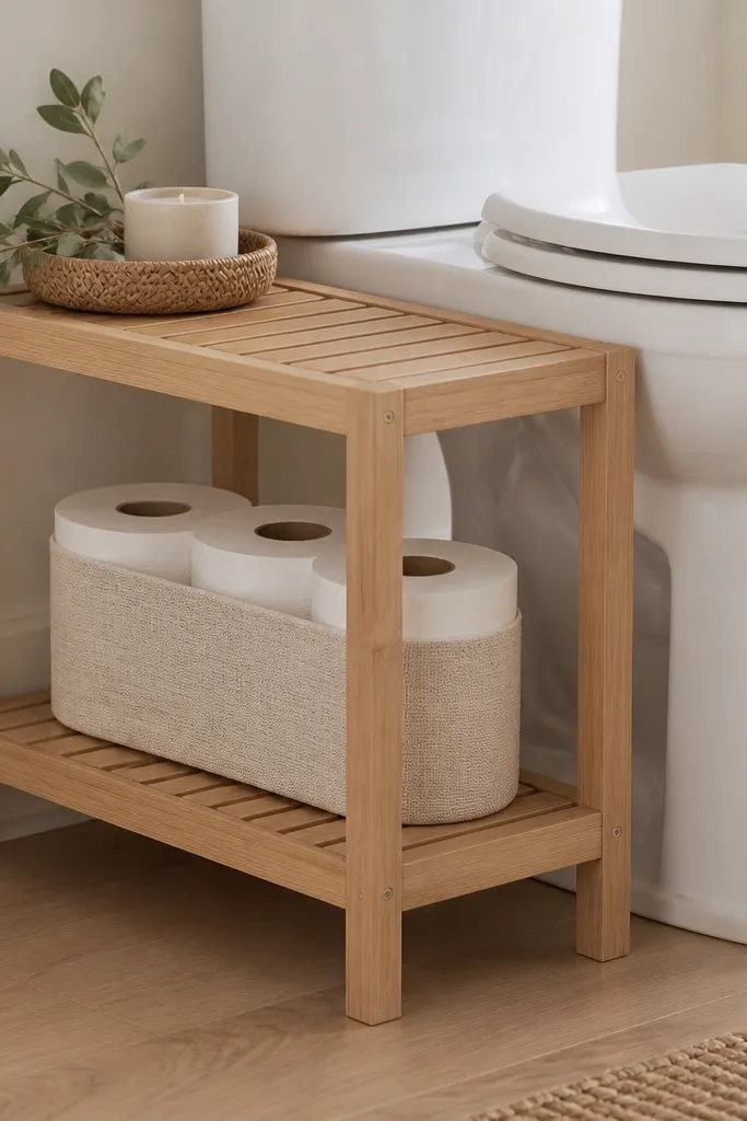 A two-tier under-toilet shelf made of light wood. The top tier holds a small woven tray and candle. The bottom tier holds toilet paper rolls wrapped in a neutral fabric band.