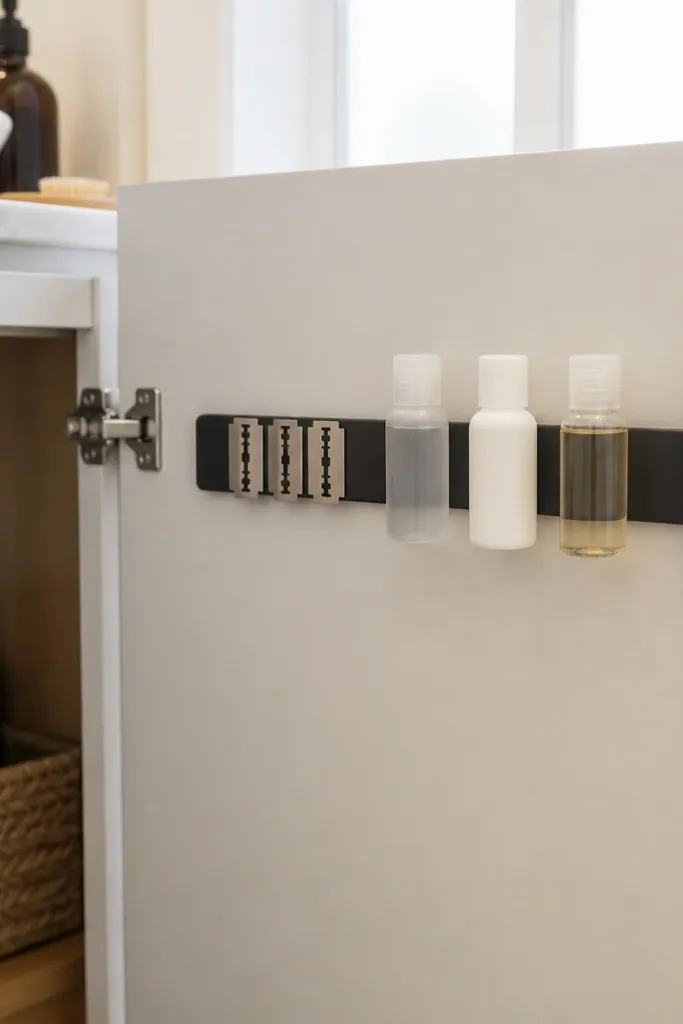 A narrow magnetic strip mounted inside a cabinet door near the sink. Razor blades, small travel bottles, and metal tweezers are placed neatly. The door is painted warm white.