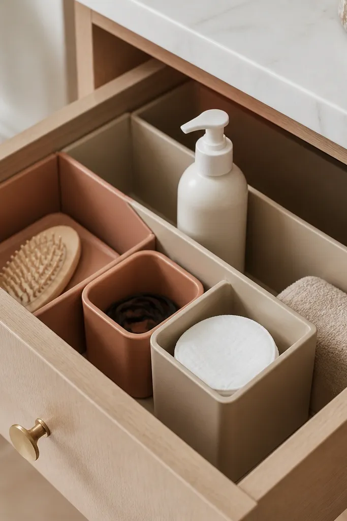 A vanity drawer opened to show beige and terracotta drawer dividers. Cotton rounds sit in a small compartment, hair ties in a tiny bin, and a pump bottle stands upright behind a divider wall.