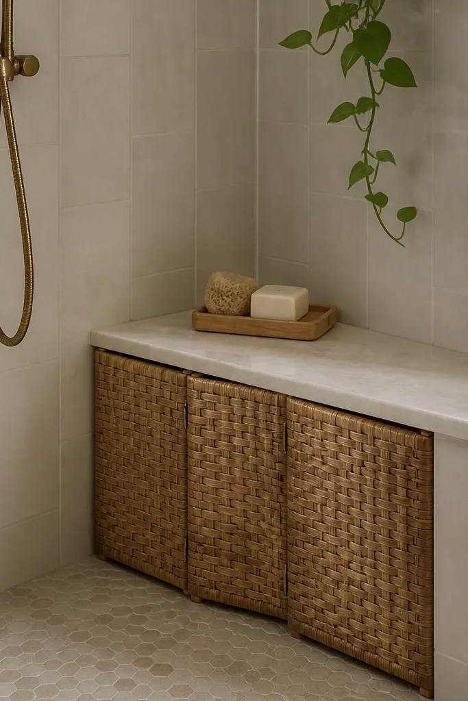 A small shower corner with a built-in bench. A foldable woven panel covers the front opening beneath the bench, hiding cleaning supplies. On the bench surface, a small bamboo tray holds soap.