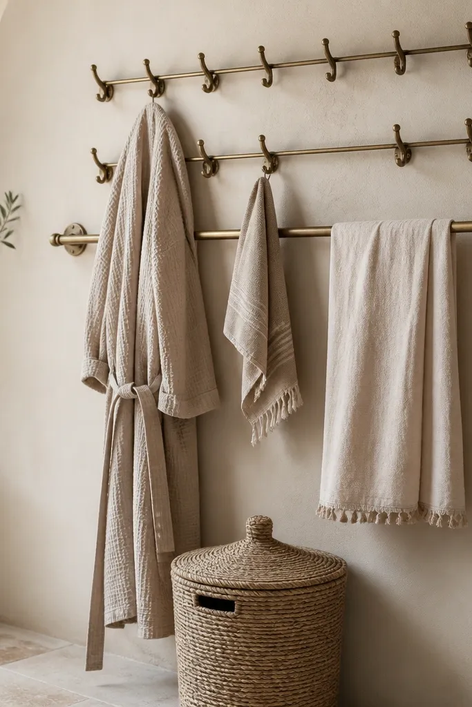 A long boho towel bar mounted on the wall with two stacked rows of hooks above it. The hooks hold a robe and a smaller towel. Under the bar, a small woven hamper basket sits near the wall.