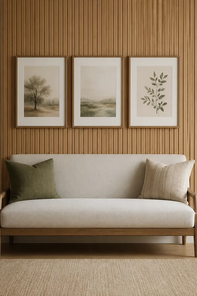 A hall sofa sits centered with a warm oak slat panel mounted on the wall behind it; three framed prints hang above the sofa back, and a slim black sconce is mounted on each side.