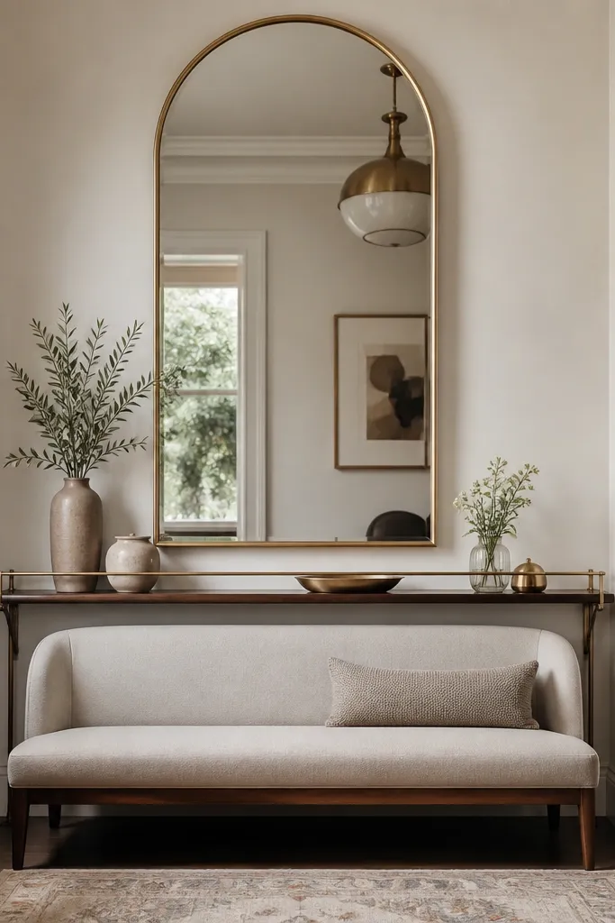 A tall arched mirror with a thin gold frame hangs centered behind a hall sofa; below it is a slim wood-and-brass rail with small vases and a tray.