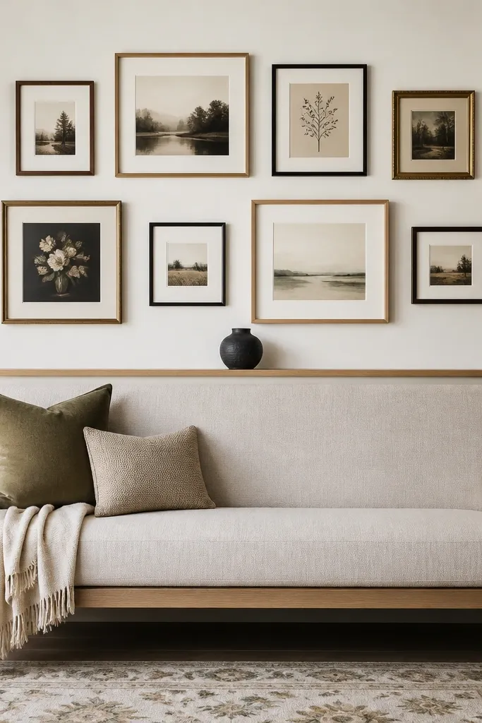 A light wood picture ledge runs across behind a hall sofa; above it are two rows of mixed frames, and a small black vase sits centered on the ledge.