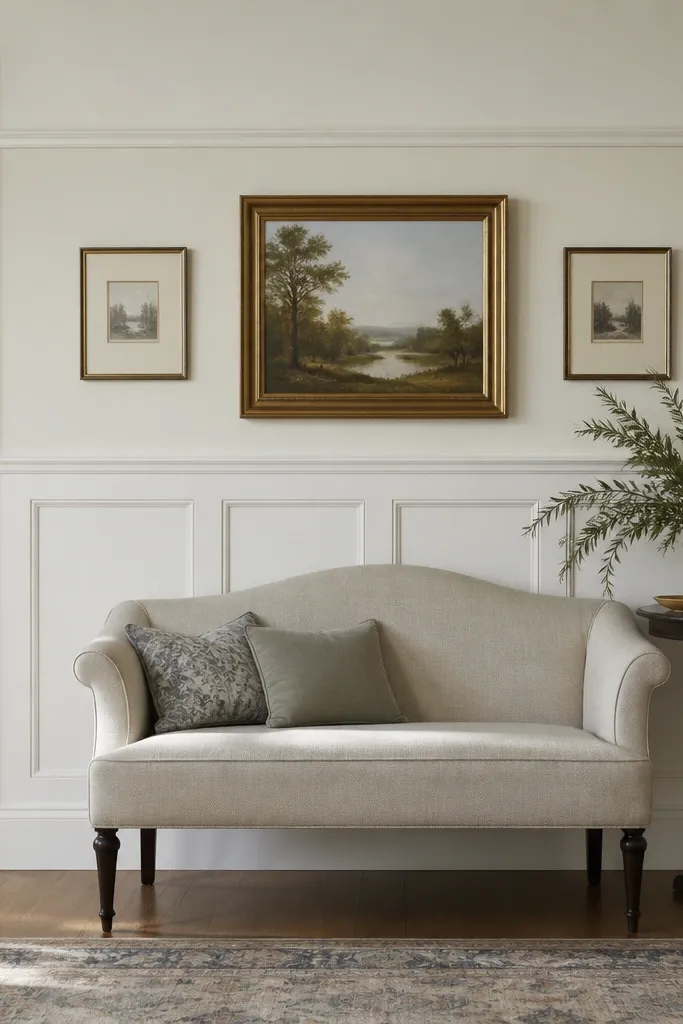 Traditional wainscoting covers the wall behind a hall sofa in white; a centered picture rail holds artwork, and two small framed prints sit on the upper section.