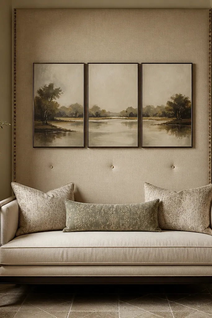 A tall upholstered fabric panel in warm linen sits behind the hall sofa; a few nailhead-trim buttons add texture, and a triptych hangs above.
