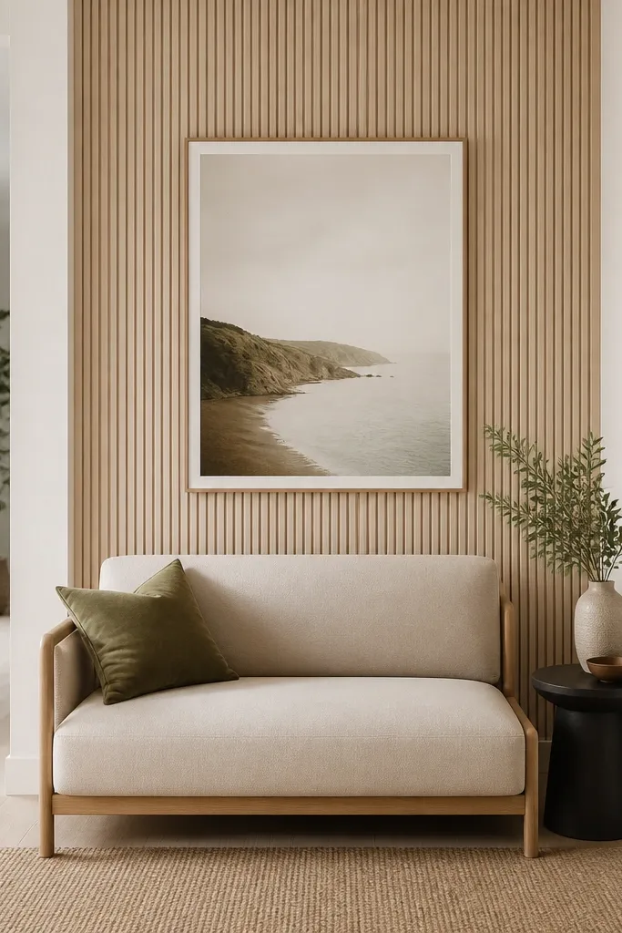 Vertical slat wallpaper in a light wood-look runs as a tall strip behind a hall sofa; a single large print hangs centered above it.