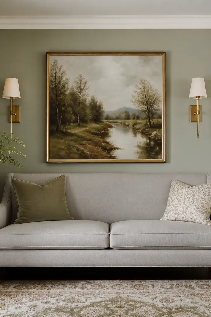 Two matching wall sconces flank a large framed artwork centered behind the hall sofa; the wall is painted a soft sage and the sofa is light gray.