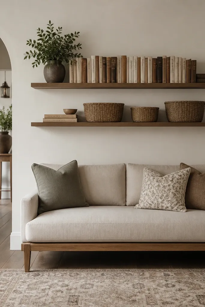 Two slim open shelves sit above the hall sofa back wall area; books are stacked upright and a few woven baskets sit on the lower shelf.