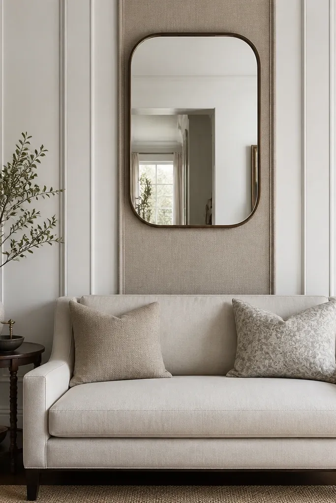 Board and batten wall behind a hall sofa painted muted white; a narrow fabric runner panel is centered behind the sofa, with a single large mirror above.