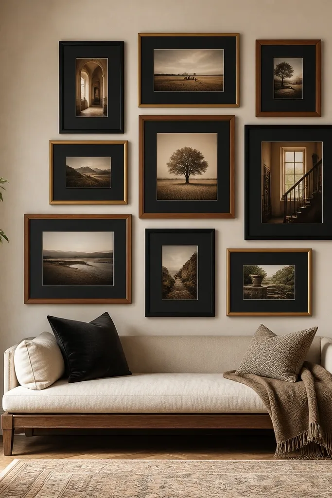 A gallery wall behind a hall sofa uses three frame colors (black, warm wood, and brass) with a consistent black mat; frames are arranged in a staggered grid.