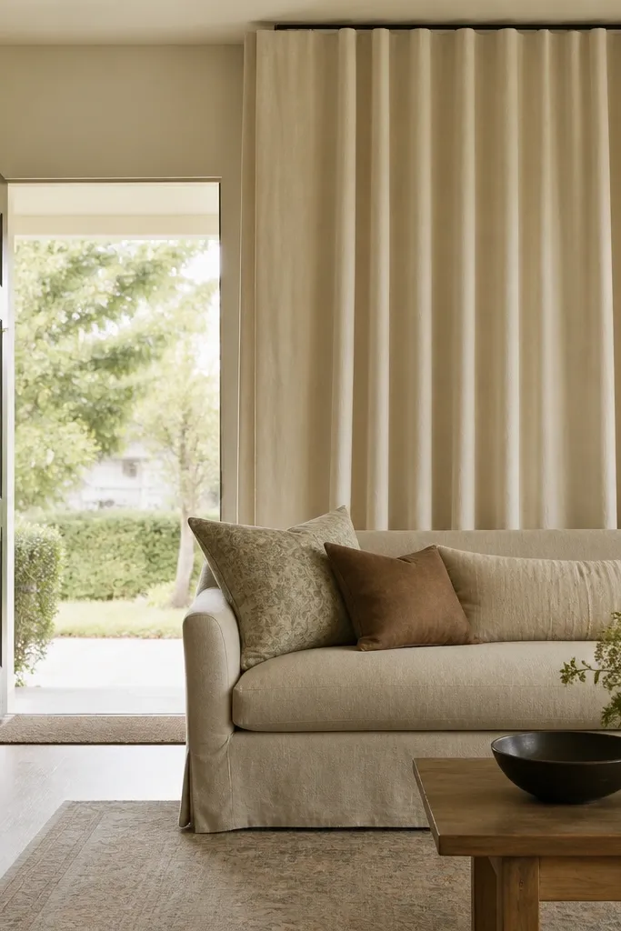 A floor-length curtain panel hangs behind the hall sofa on a ceiling-mounted track; the fabric is a thick cream linen and a simple rod runs across the wall.