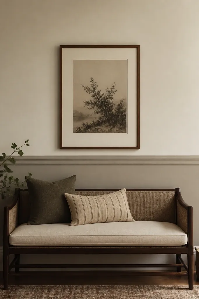 The wall behind a hall sofa is painted in two tones: a lower warm greige panel and an upper muted cream; a centered framed print sits between them.