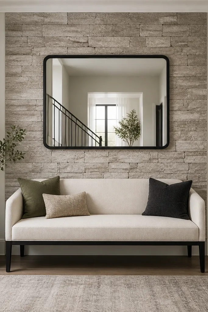 A centered stone-look peel-and-stick panel sits behind a hall sofa; a large rectangular mirror with black frame is mounted above it.