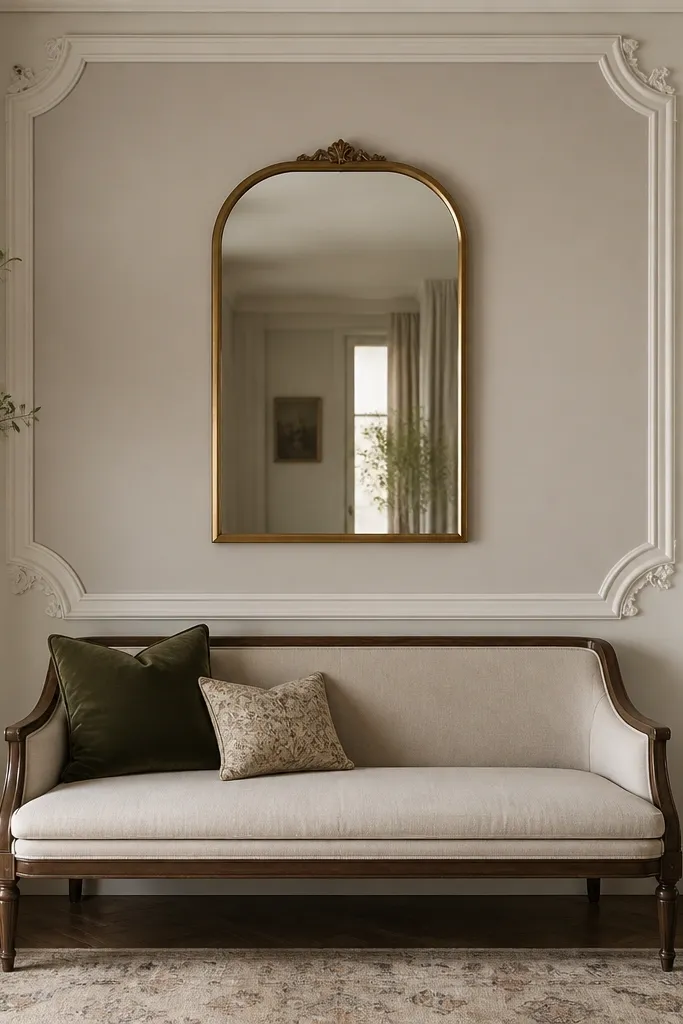 A decorative faux frame border outlines the wall area behind a hall sofa; inside the frame is a simple painted wall with a centered mirror.