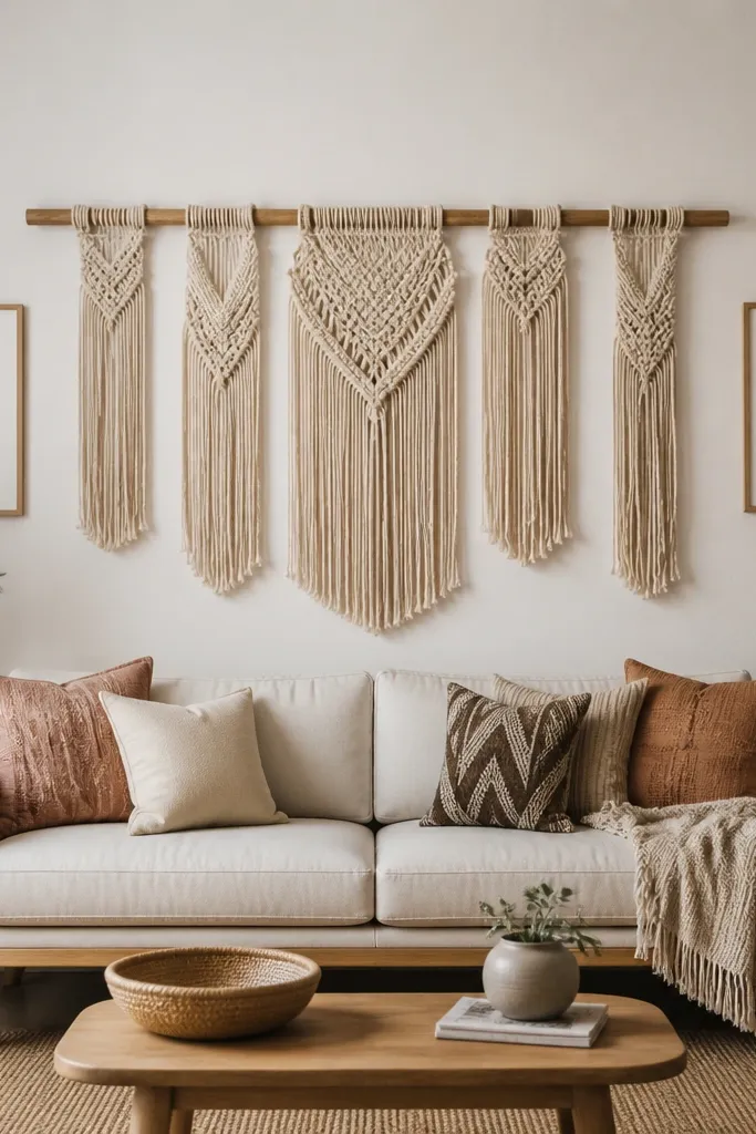 A centered wood dowel holds several macrame wall pieces behind a hall sofa; two small framed prints sit on either side.