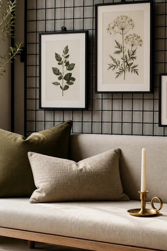 A matte black metal grid panel sits behind a hall sofa; botanical prints are pinned in simple black frames; a brass candle holder sits on the sofa.