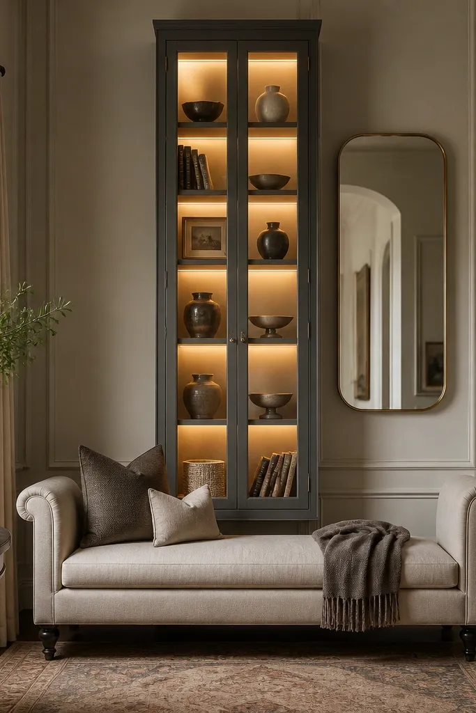 A tall narrow cabinet with glass doors is centered behind a hall sofa; warm LED strip lighting glows inside; a mirror hangs above.