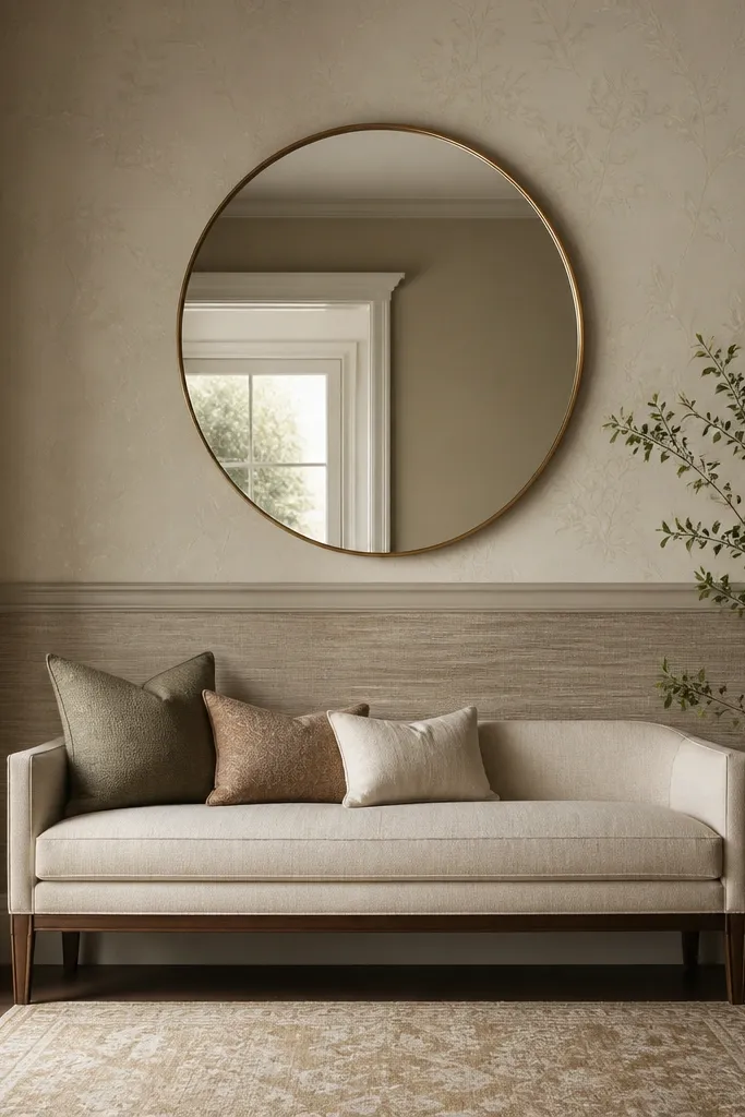 Two different wallpaper panels are layered behind a hall sofa - a subtle pattern on top and a textured neutral on the bottom; a large round mirror hangs centered.