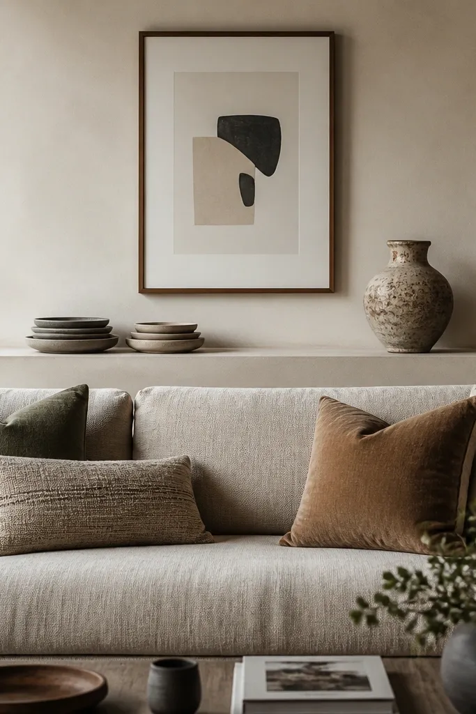 A low wall ledge behind a hall sofa holds stacked stoneware plates and a ceramic vase; above, a simple framed print hangs centered.