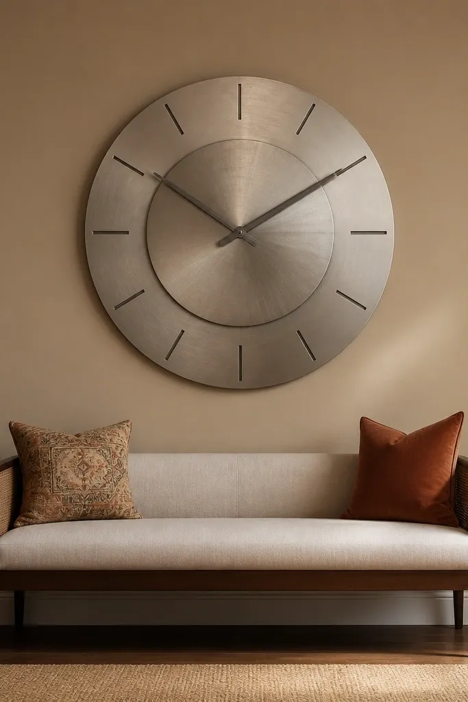 A large sculptural wall clock in brushed metal hangs centered behind a hall sofa on a warm painted wall; small frames sit far to the sides.