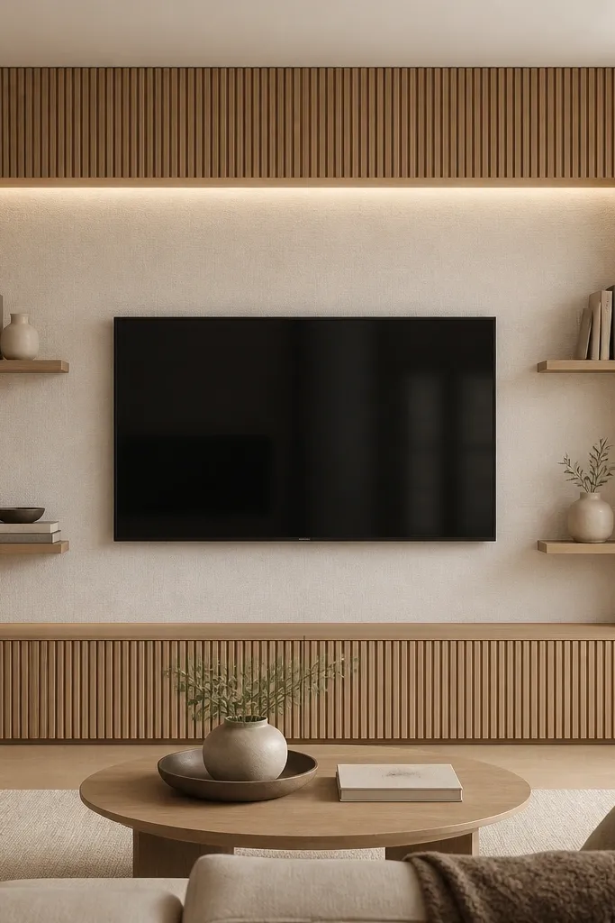 A mounted TV sits centered inside a rectangular frame made of warm oak slats. Behind the TV area is a pale linen-texture wall panel in soft off-white. Flanking the TV are two slim shelves with a few books and a small ceramic vase. A recessed warm light wash glows along the inside edges of the slat frame.