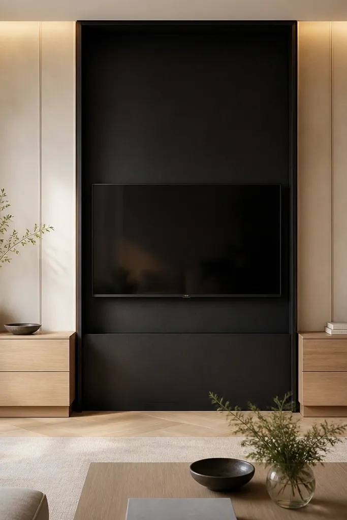 A TV is mounted within a black vertical niche that has a simple box border. On both sides, there are tall off-white plaster-look panels with subtle column lines. The wall has warm recessed lighting that grazes the plaster, creating soft shadows. Two matching side cabinets in light oak sit lower on either side, with minimal decor on top.