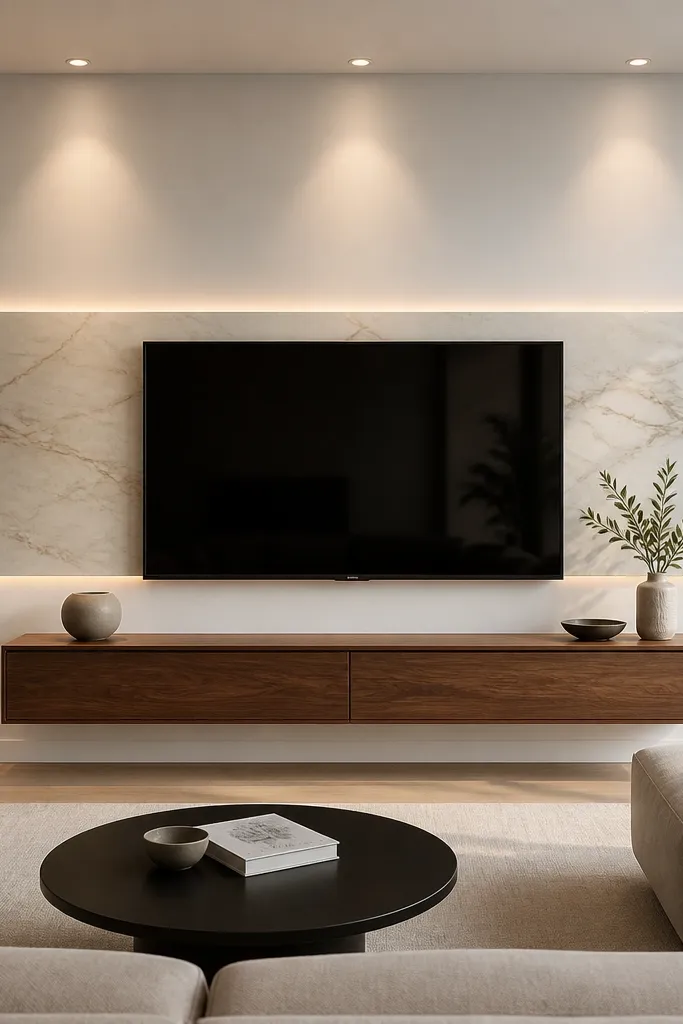 A TV wall with a centered horizontal band of marble-effect tile runs behind the TV. The rest of the wall is painted a warm white. A floating console in walnut sits beneath the TV, with two slim drawers. Above and around the TV, small recessed lights create a gentle glow on the tile band.