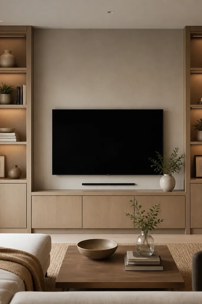 A TV is centered between two tall built-in bookshelves. The shelves are mostly open with a few closed sections. There's a thin horizontal cable slot behind the TV that keeps wires invisible. Warm recessed lights sit inside the shelves, and the decor is arranged in vertical stacks and spaced rows.
