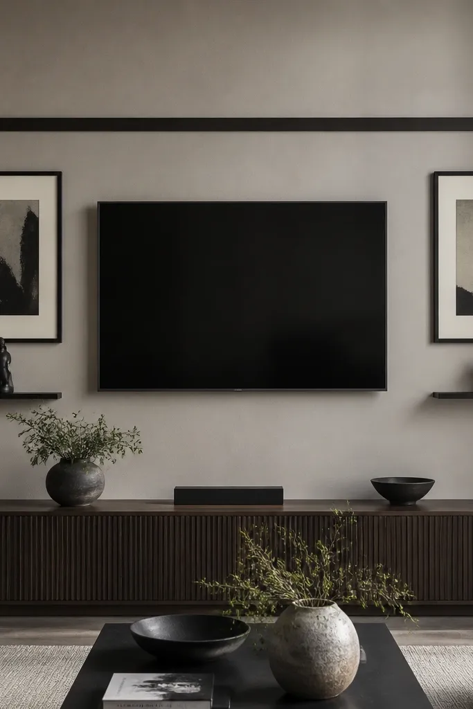 A matte black picture rail runs horizontally across the wall above the TV area. The TV is mounted below the rail, with two framed art pieces on either side. There are thin floating shelves just above the console holding small sculptures. The frames are consistent in black and off-white mats.