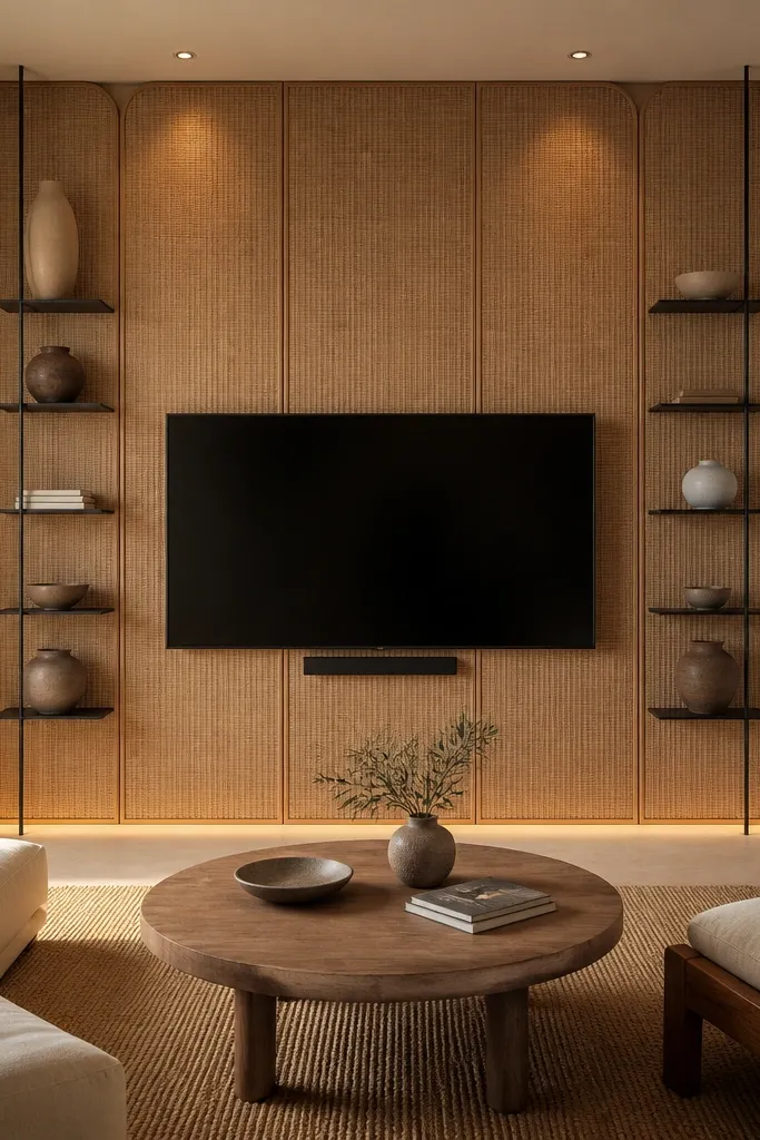 A mounted TV sits in front of a tall rattan screen that spans the wall behind it. The rattan creates a warm, woven texture. There are slim black shelves on both sides with a few neutral ceramics. Soft warm lighting from floor level and recessed spots adds a gentle glow.