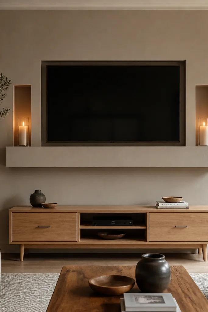 A thick, sculptural mantel shelf runs across the wall under the TV. Two small vertical candle niches sit on either side of the TV frame, with warm LED candles inside. The wall color is a soft greige matte. Below, a low media console in white oak with tapered legs holds the components.